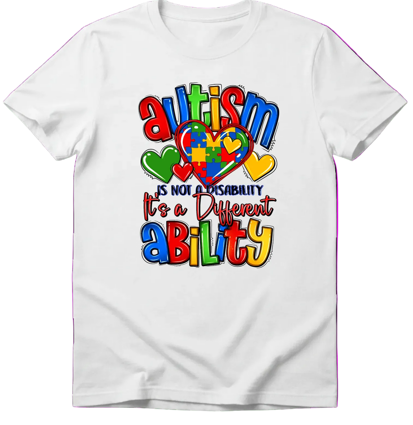 White t-shirt with colorful autism awareness design on a white background