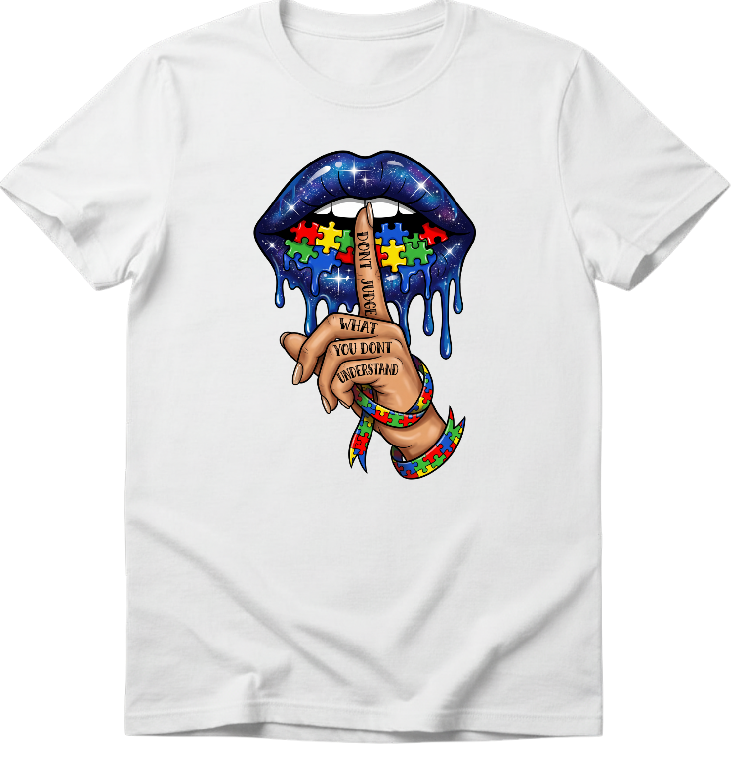 White t-shirt with a colorful graphic design on a white background