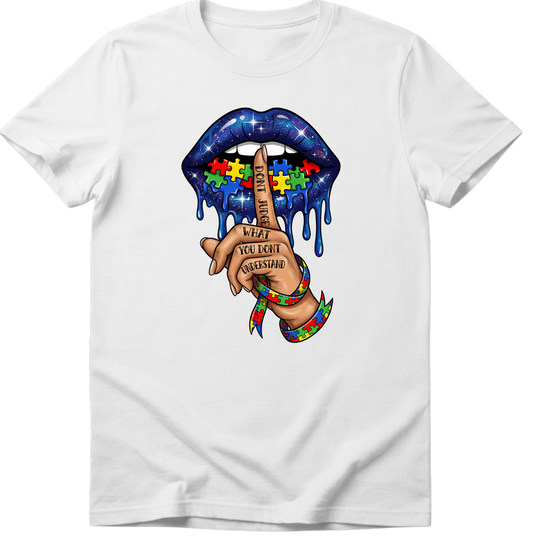 White t-shirt with a colorful graphic design on a white background