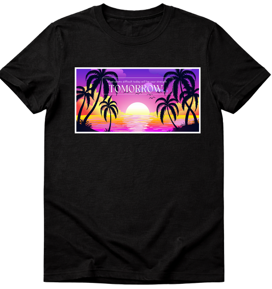 Black t-shirt with a tropical graphic design featuring palm trees and a sunset