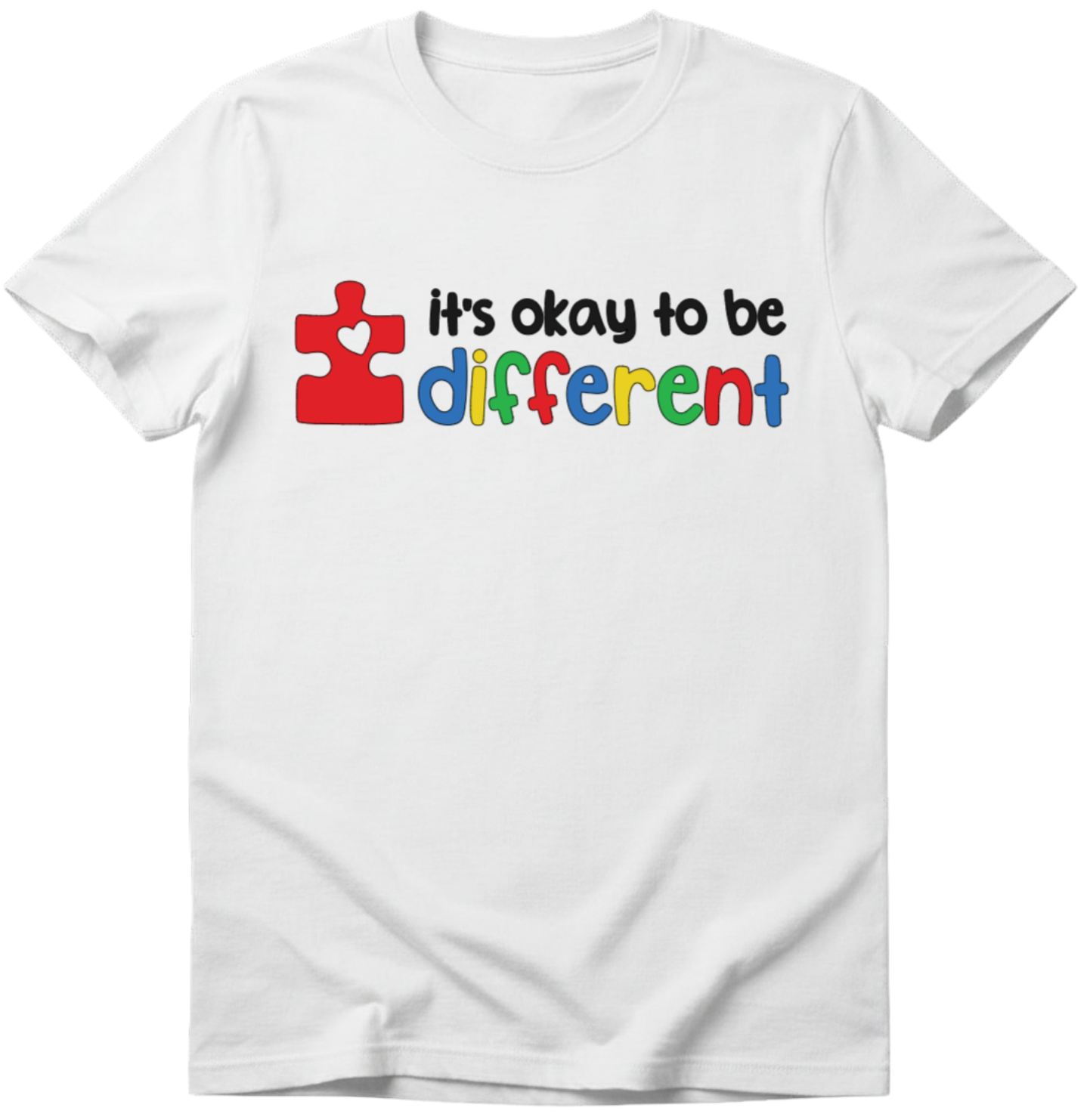 White t-shirt with colorful text 'It's okay to be different' featuring a puzzle piece design on a white T-Shirt