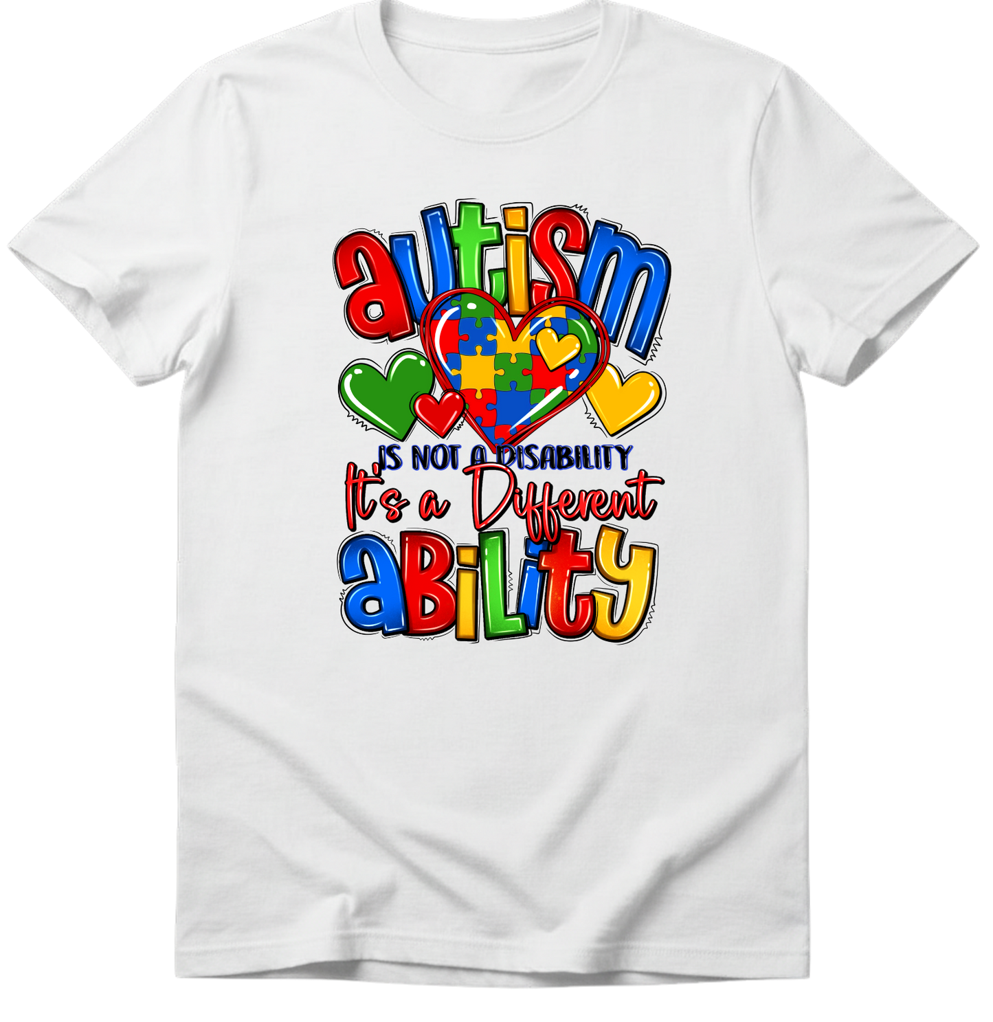 White t-shirt with colorful autism awareness design on a white background