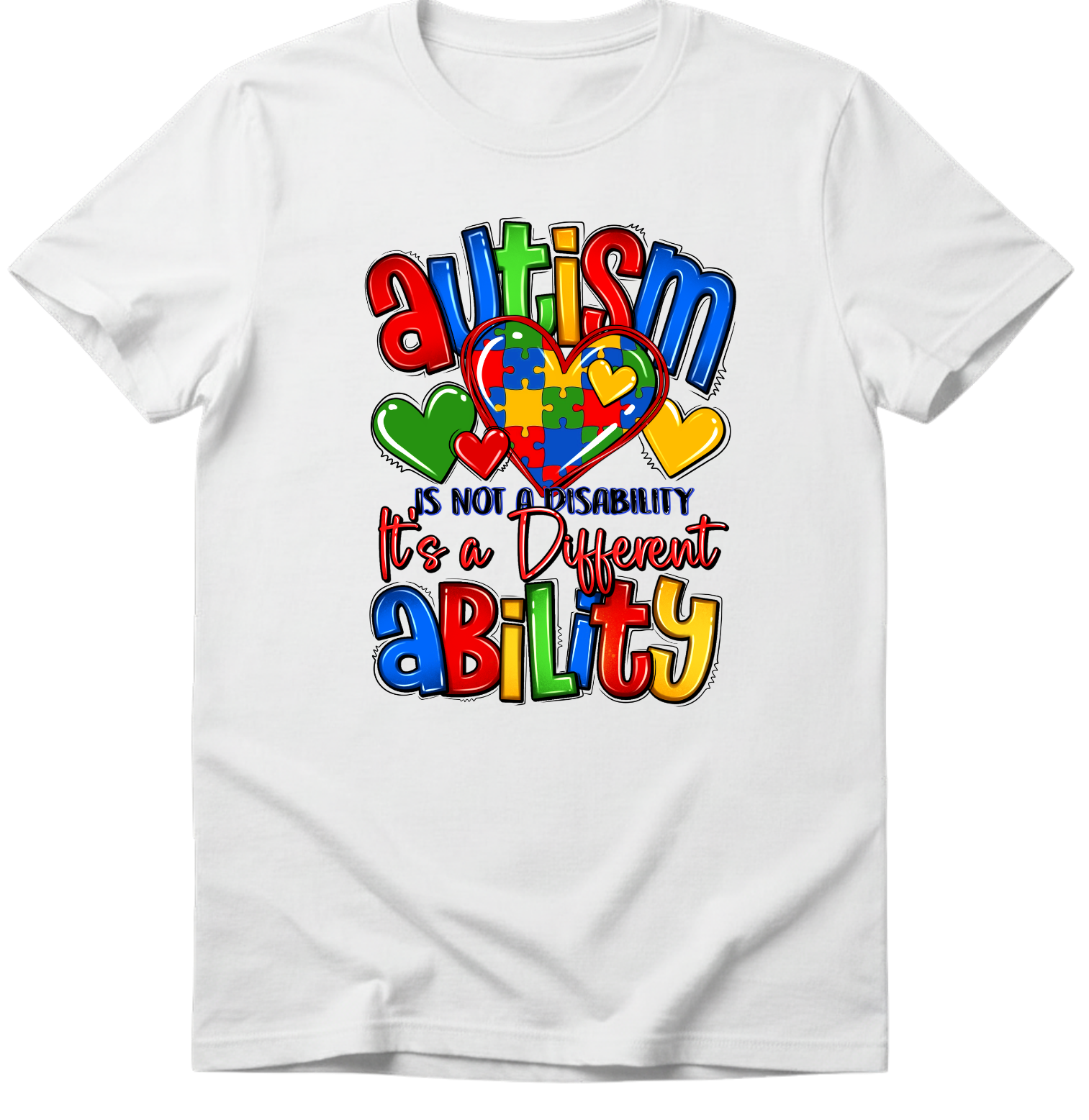 White t-shirt with colorful autism awareness design on a white background