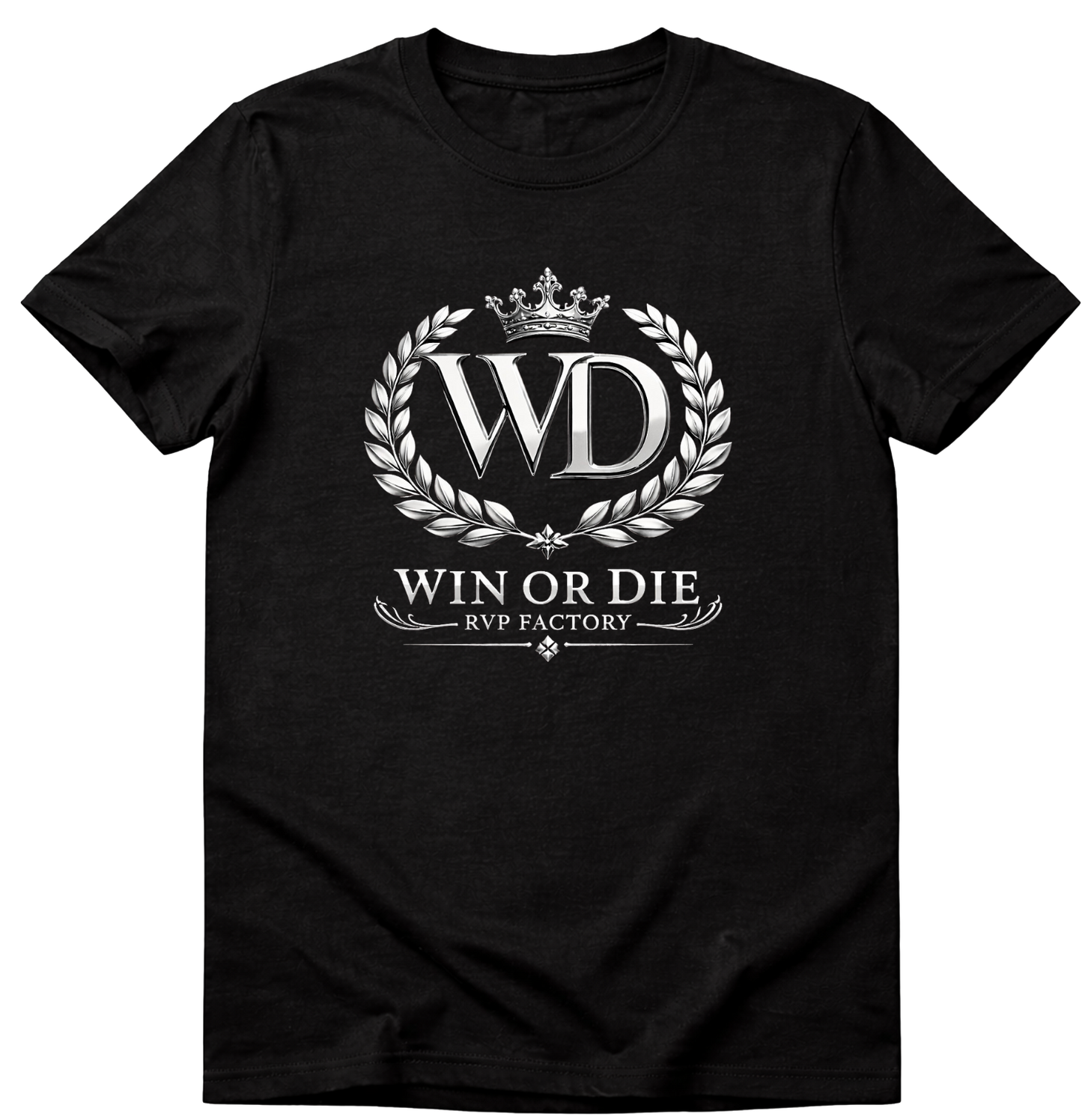 Black t-shirt with 'Win or Die' logo on a white background