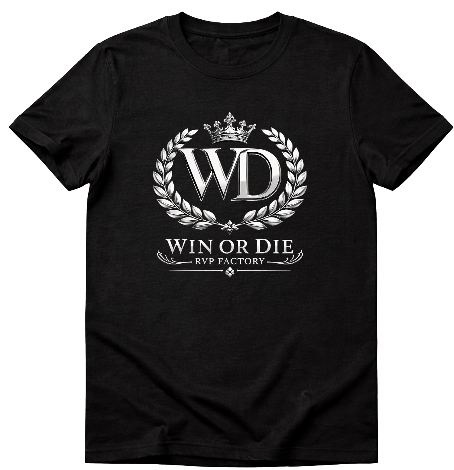 Black t-shirt with 'Win or Die' logo on a white background