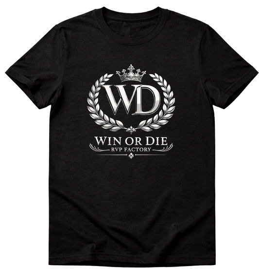 Black t-shirt with 'Win or Die' logo on a white background