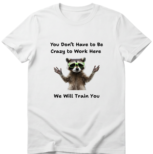 White t-shirt with a raccoon graphic and text on a white background